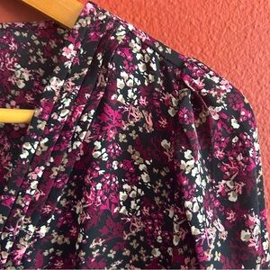 HALOGEN Floral Pintuck Pleated Wrap Blouse In Rich Black, Burgundy & Pink Sz S